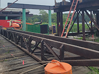 Temporary wooden bridge construction.